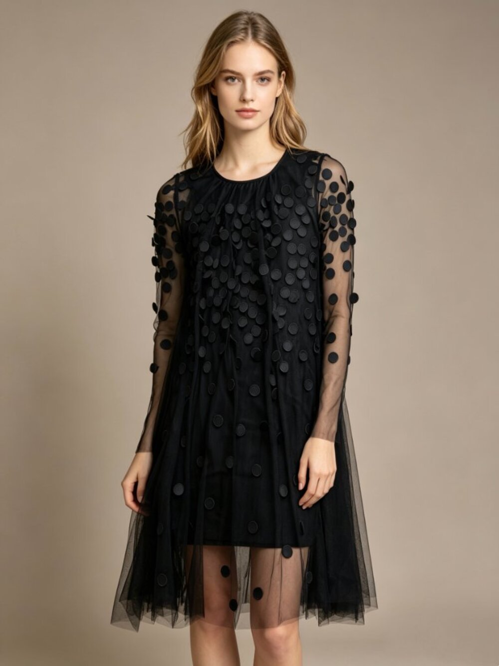 $573 NWT SPORTMAX Toano multilayered dress Mesh 3D Dot Black Knee length Size S